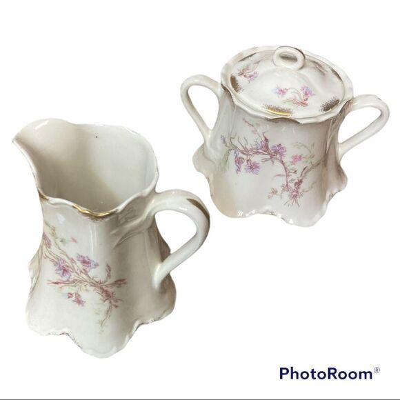 Warwick White Pink Green Flowers Sugar & Creamer Bowl Set - Picture 7 of 7